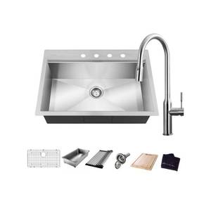 lot 424 image: Glacier Bay All-in-One Drop-In Stainless Steel 32 x 22 4-Hole Single Bowl Kitchen Workstation Sink with Faucet and Accessories, 4309F-1 - Unclaimed Freight.