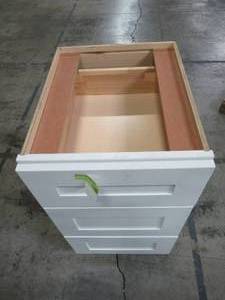 lot 227 image: Home Decorators Collection 18x34.5x24 in Plywood Shaker 3 Drawer Base Kitchen Cabinet Soft Close Drawers in Painted Pacific White BD18-NPW
