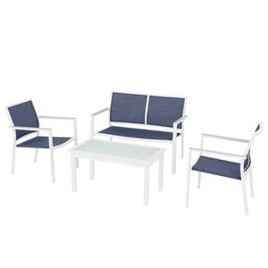lot 435 image: Hampton Bay Harmony Cove 4-Piece Steel Blue Sling Outdoor Patio Deep Seating Set - Bench is Missing Hardware and Has Bent Leg - Minor scratches over all.