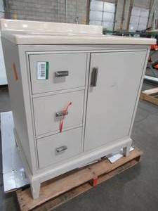lot 406 image: Home Decorators Collection Shaelyn 30 in. W x 22 in. D Vanity Cabinet Only in Rainy Day, SLRV3022DL - SOME SCRATCH AND DENT.