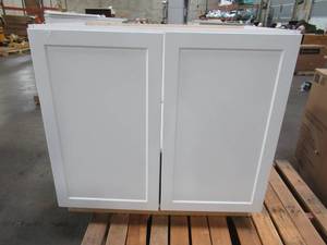lot 408 image: Hampton Bay Designer Series Melvern Assembled 36x34.5x23.75 in. Full Height Door Base Kitchen Cabinet in White - Cracked Side Wall.