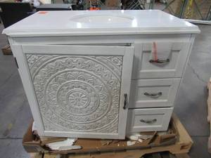 lot 414 image: Chennai 37 in. W Single Vanity in White Wash with Engineered Stone Vanity Top in Crystal White with White Sink - Scratch and Dent, Chipped Vanity Top, Bent Hinge.