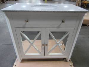lot 420 image: Home Decorators Collection Barcelona 37 in. Vanity in White with Granite Vanity Top in Grey with White Basin, 13212-VS37H-WT - Cracked Back Wall.
