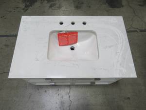 lot 238 image: Scott Living Canterbury White Single Sink Vanity with WhiteGray Engineered Cararra Engineered Stone Top (Common 36-in x 22-in) 1227VA-36-201