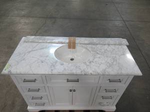lot 244 image: Water Creation 48 in. W x 22 in. D x 34 in. H Bath Vanity in White with Marble Vanity Top in Carrara White with White Basin Derby 48W