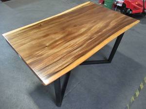 lot 17 image: Solid Wood Live Edge Walnut Dining Table (60362362) With Metal V3 Bases (MV3BD). Approximate Dimensions 60 x 34 x 2 14 - LOW RESERVE OF $350.00