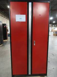 lot 308 image: Sandusky 72 x 36 x 18 Modular Steel 2-Door Cabinet Full Pull in BlackRed, GF3F361872-019L. - Slight Scratch and Dent.