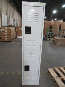 lot 315 image: Sandusky 66 in. H x 15 in. W x 18 in. D 2-Tier Welded Steel Storage Locker in White. - Scratch and Dent. Doors do not secure.