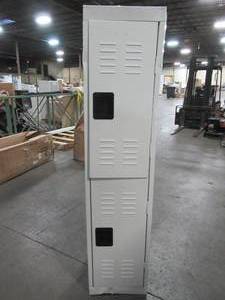 lot 316 image: Sandusky 66 in. H x 15 in. W x 18 in. D 2-Tier Welded Steel Storage Locker in White. - Scratch and Dent. Doors do not secure - Missing Barrel Hinge on one door.