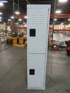 lot 317 image: Sandusky 66 in. H x 15 in. W x 18 in. D 2-Tier Welded Steel Storage Locker in White. - Scratch and Dent. Doors do not secure - Missing Barrel Hinge on one door.