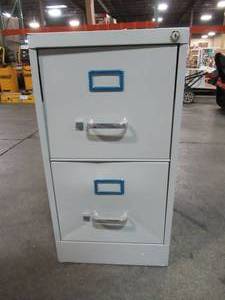 lot 318 image: Lorell 15 in. x 26-12 in. x 28-38 in. Light Gray Vertical File Cabinet with 2-Drawers Security Lock and Letter Files, LLR60195 - Slight dents.