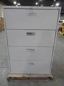 lot 319 image: Sandusky 800 Series 36 in. W 4-Drawer Full Pull Lateral File Cabinet in Dove Gray, LF8F364-05 - Slight Scratch and Dents.