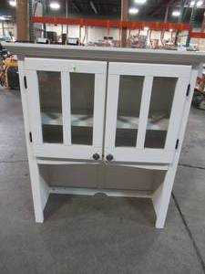 lot 330 image: Hutch Top With Double Pane Glass Doors and Mantle Top in White. Approximate Dimensions 31 x 12 12 x 36 Tall.