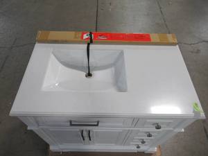 lot 162 image: Home Decorators Collection Melpark 36 in. W x 22 in. D Bath Vanity in White with Cultured Marble Vanity Top in White with White Sink Melpark 36W