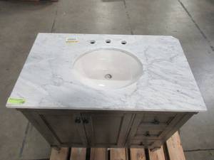 lot 163 image: Home Decorators Collection Rosecliff 37 in. W x 22 in. D Vanity in Distressed Grey with Carrara Marble Vanity Top in White with White Sink RCGRVT3722D
