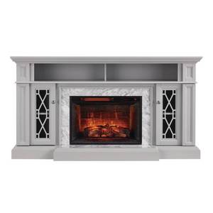 lot 49 image: Home Decorators Collection Parkbridge 68 in. Freestanding Infrared Electric Fireplace TV Stand in Gray with Carrara Marble Surround, 1357FMM-26-242 - Slight Corner Ding RH Front Side.