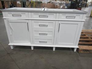 lot 55 image: Home Decorators Collection 59 14 x 21 12 x 33 12 Tall Aberdeen Double Vanity Cabinet in White - Damage on LH Door and bottom of cabinet. - For PartsRestore.
