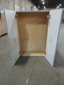 lot 335 image: Hampton Bay Melvern Assembled 24x36x12 in. Wall Kitchen Cabinet in Heron Gray, W2436-MLGR - Hinge Not Attached to Wall - Loose Structure - Needs some work.