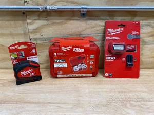 MILWAUKEE Set of 3 Tools-  25 Tape Measure, 9 piece Bi-Metal Hole Saw Kit and a Headlamp