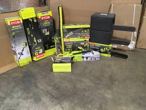 Pallet assorted with Ryobi outdoors tools open boxes