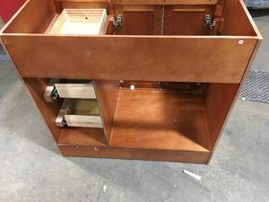 Home Decorators Naples 36 in. W Bath Vanity Cabinet Only in Warm Cinnamon with Right Hand Drawers not used see pictures