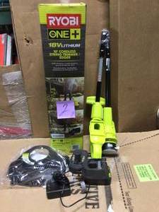 lot 2 image: 18-Volt ONE Lithium-Ion Cordless String Trimmer with 1.5 Ah Battery and Charger Included by RYOBI in good condition