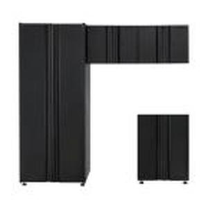 lot 113 image: Husky Welded 78 in. W x 75 in. H x 19 in. D Steel Garage Cabinet Set in Black (4-Piece) not used