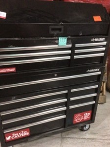 lot 111 image: 46 in. 14-Drawer Tool Chest and Cabinet Combo in Black by Husky whit scrtachs amd dents please review the pictures