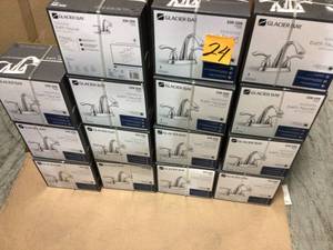 lot 24 image: LOT OF 15 Glacier Bay 462EC-05101 Edgewood 4 in. 2-Handle High-Arc Bathroom Faucet, Chrome not used