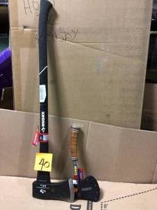 lot 40 image: 3.5 lb. Premium Single Bit Michigan Axe with 34 in. Fiberglass Handle by Husky & ESTWING HAMMER