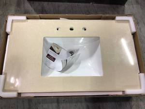 lot 57 image: 37 in. W Engineered Marble Single Vanity Top in Champagne Dunes with White Sink not used