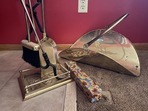 lot 13 image: Five Piece Fireplace Set w Wood Storage Carrier
