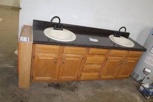 lot 179 image: Bathroom Round Double Sink Vanity Cabinet 4-Door 4-Drawer with Fixtures