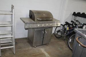 lot 202 image: Perfect Flame Stainless Steel Rolling Propane Gas BBQ Grill 4-Burner with Side Warmer