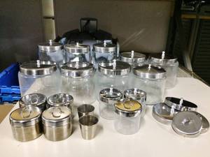 lot 24 image: Very Largy Lot Medical Supply Glass Jars and Steel Canisters