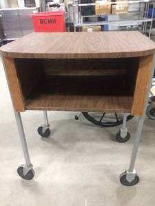 lot 71 image: Wood Grain Mobile Podium Table With Shelf 