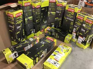 lot 9 image: Pallet with Ryobi Outdoor Tools various models and conditions open box customer returns various conditions see pictures