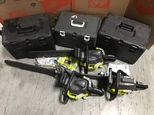 lot 19 image: LOT OF 3 Ryobi 20 in. 50 cc 2-Cycle Gas Chainsaw with Heavy-Duty Case (SEE PICS CAREFULLY) ( ALL CUSTOMER RETURNS)
