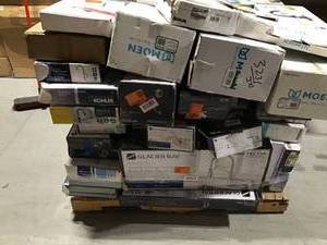 lot 47 image: PALLET OF ASSORTED MOEN AND OTHER BRAND FAUCETSSHOWERHEADS AND ETC. (SEE PICS CAREFULLY)