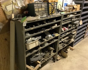 lot 22 image: Two Metal Shelving Units Full of Misc Parts, shelf content included