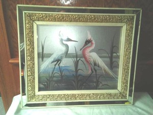lot 99 image: Exotic Bird art & ornate frame,  Vintage.