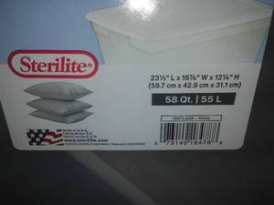 lot 417 image: 2 LIKE NEW STERILITE 58 QT. TOTES WITH COVERS