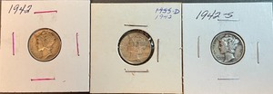 Three Different Mercury Dimes - 1942, 1942D, & 1942S