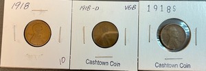 Three Different Lincoln Wheat Cents - 1918, 1918D, & 1918S