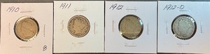 Four Different Liberty Head Nickels - 1910, 1911, 1912, & 1912-D