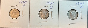 Three Different Mercury Dimes - 1941, 1941D, & 1941S