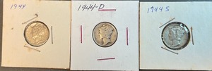 Three Different Mercury Dimes - 1944, 1944D, & 1944S