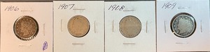 Four Different Liberty Head Nickels - 1906, 1907, 1908, & 1909