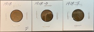 Three Different Lincoln Wheat Cents - 1918, 1918D, & 1918S