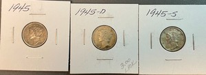 Three Different Mercury Dimes - 1945, 1945D, & 1945S